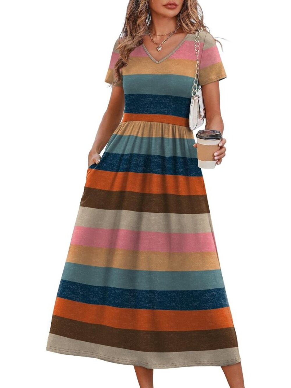Women's Boho Retro Stripe polyester Blend V-Neck A Line Short Sleeve Midi Dress